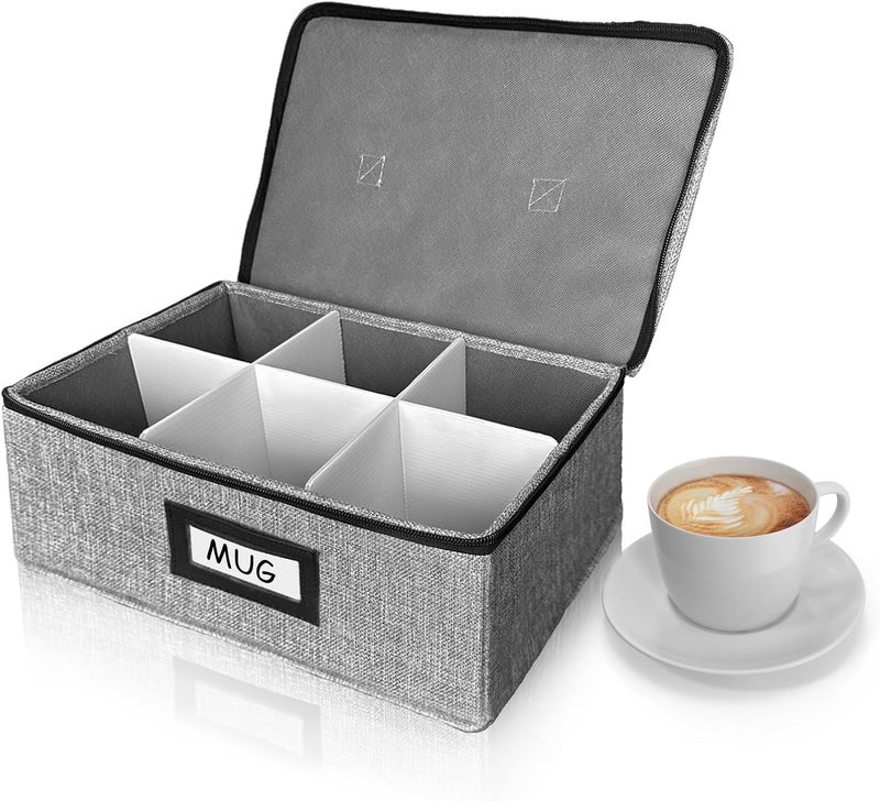 HURZMORO Cup and Mug Storage Box with Dividers – Stackable Hard Shell Organizer with Zipper Lid and Handles, Holds 6 Coffee Mugs or Tea Cups, Ideal for Moving and Packing(Grey) - Image 1
